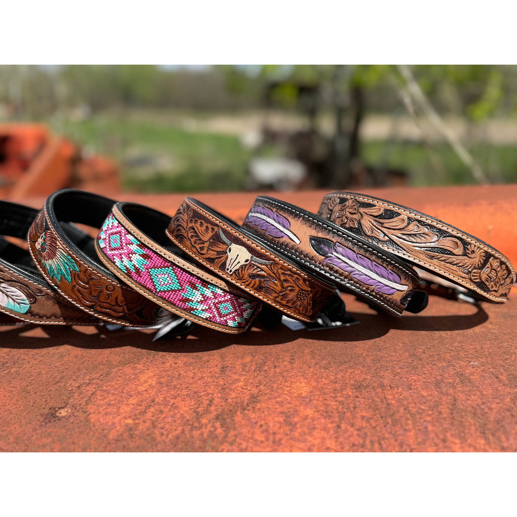 Western leather dog collar tooled or beaded details skull sunflower feather rhinestone by Double B Wild Rags