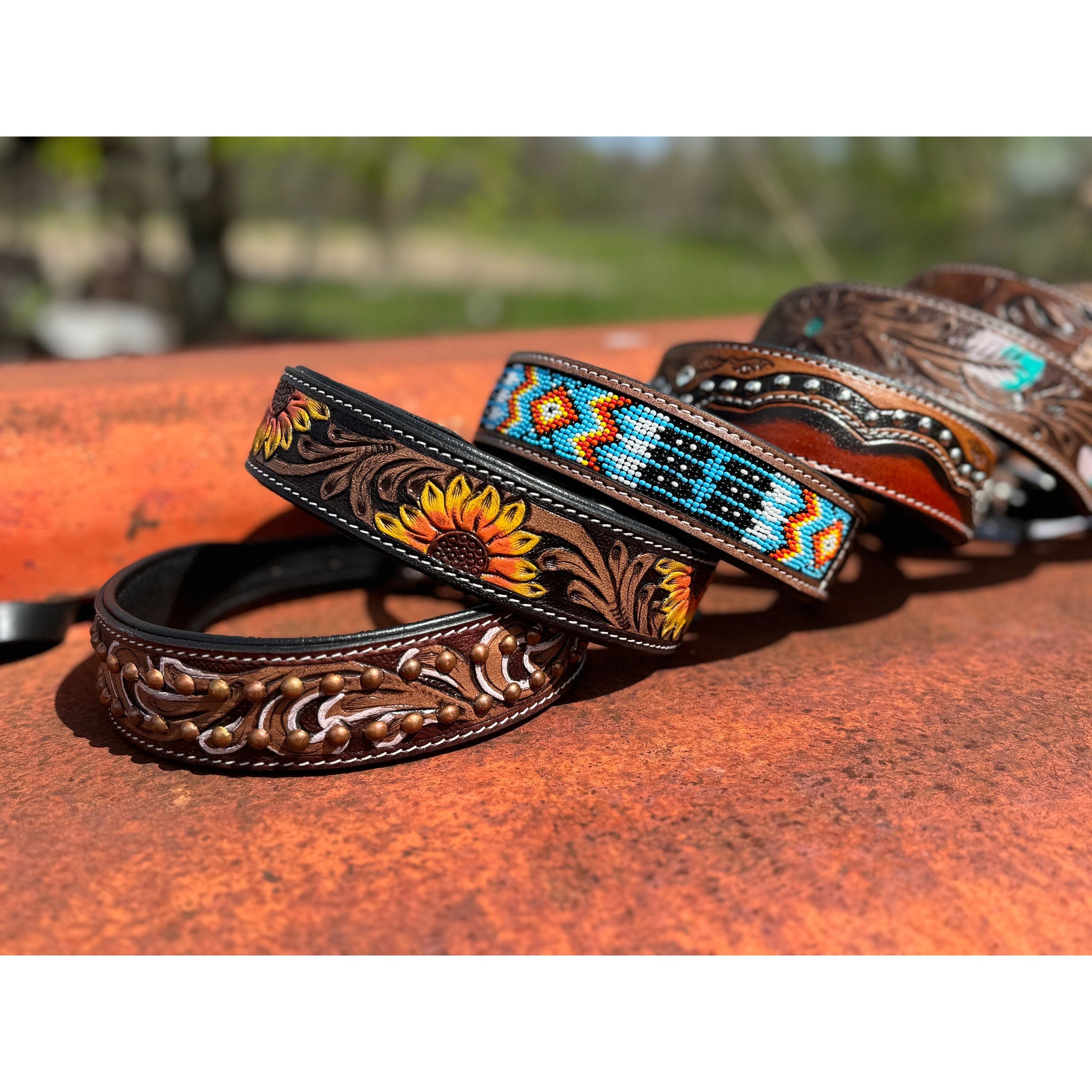 Western leather dog collar tooled or beaded details skull sunflower feather rhinestone by Double B Wild Rags