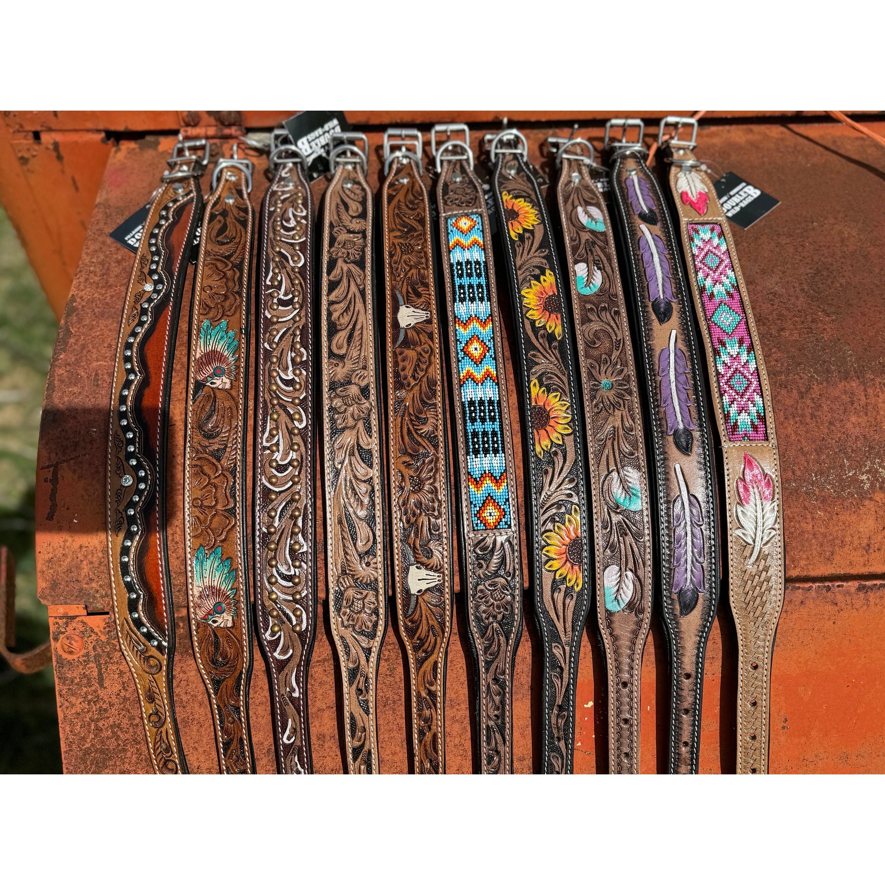 Western leather dog collar tooled or beaded details skull sunflower feather rhinestone by Double B Wild Rags