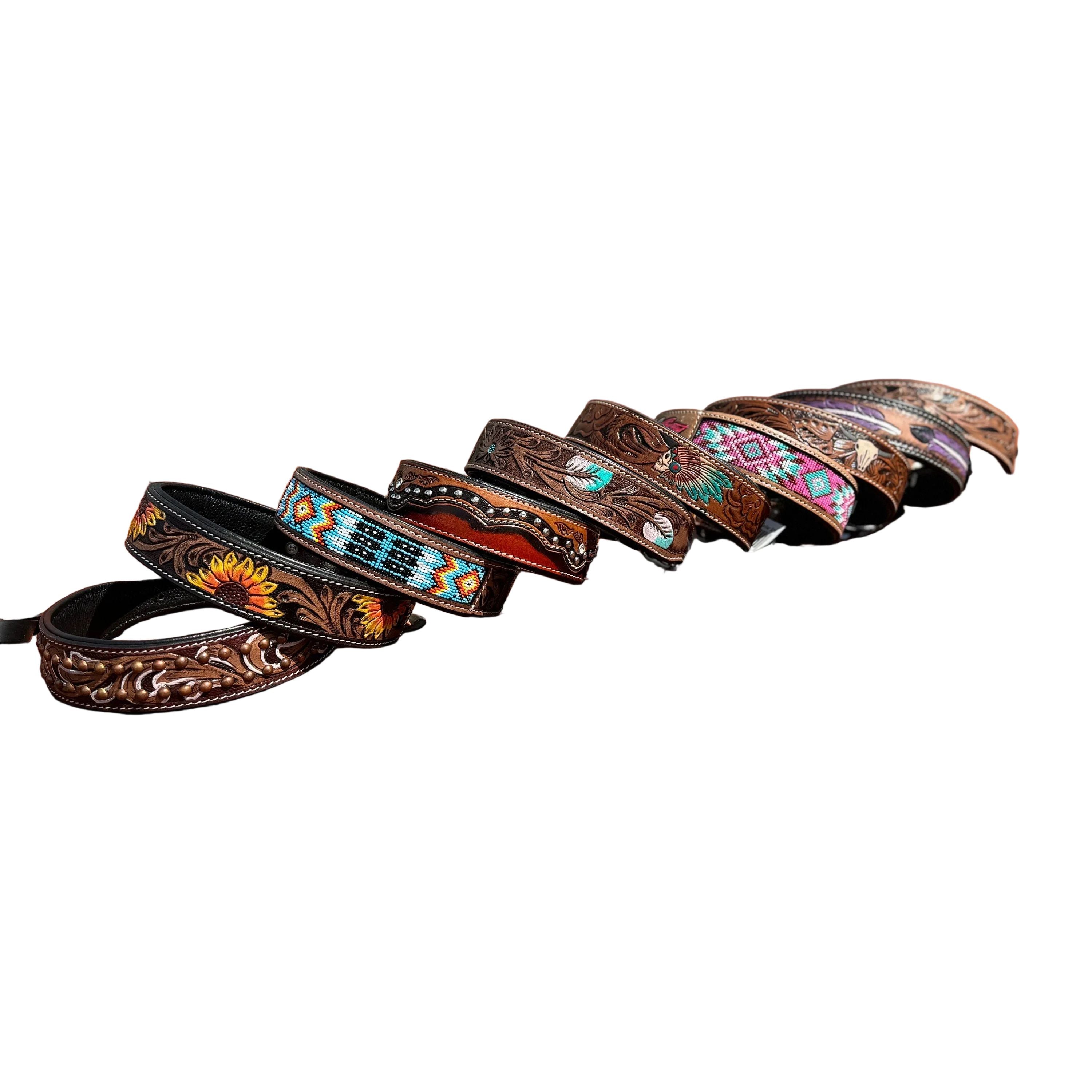 Western leather dog collar tooled or beaded details skull sunflower feather rhinestone by Double B Wild Rags
