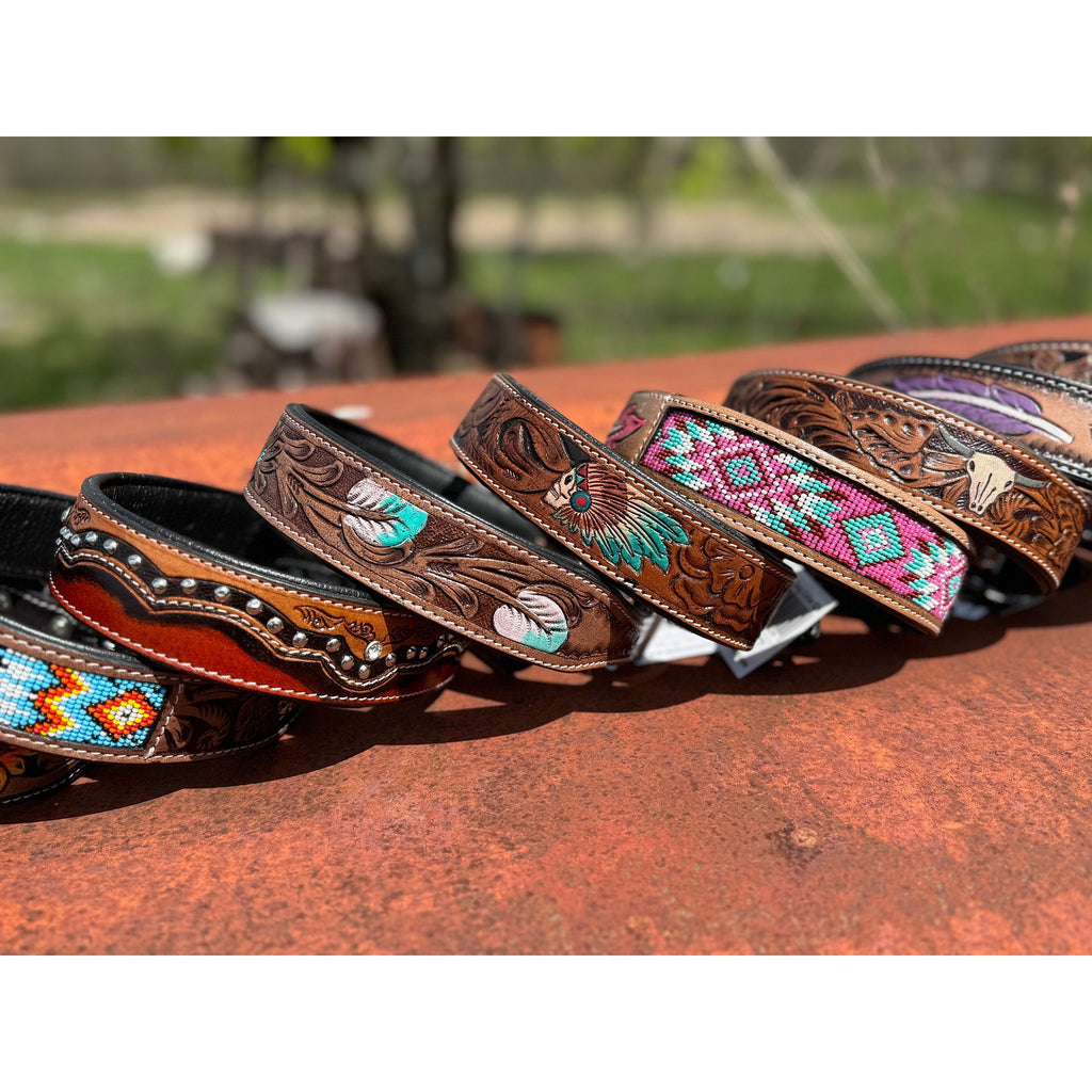 Western leather dog collar tooled or beaded details skull sunflower feather rhinestone by Double B Wild Rags