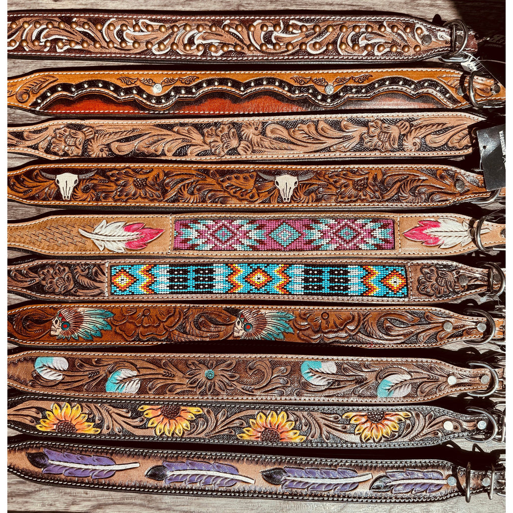 Western leather dog collar tooled or beaded details skull sunflower feather rhinestone by Double B Wild Rags