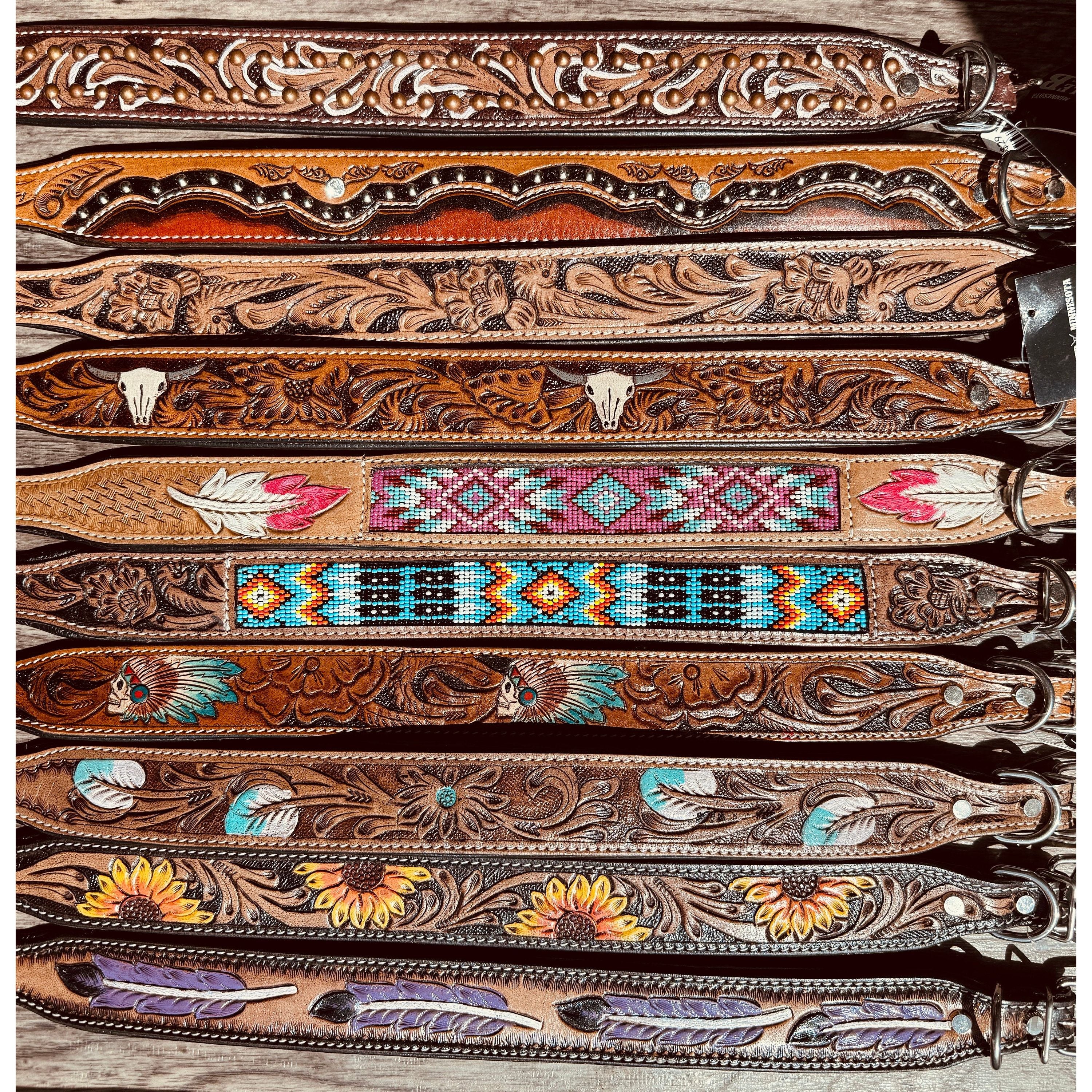 Western leather dog collar tooled or beaded details skull sunflower feather rhinestone by Double B Wild Rags