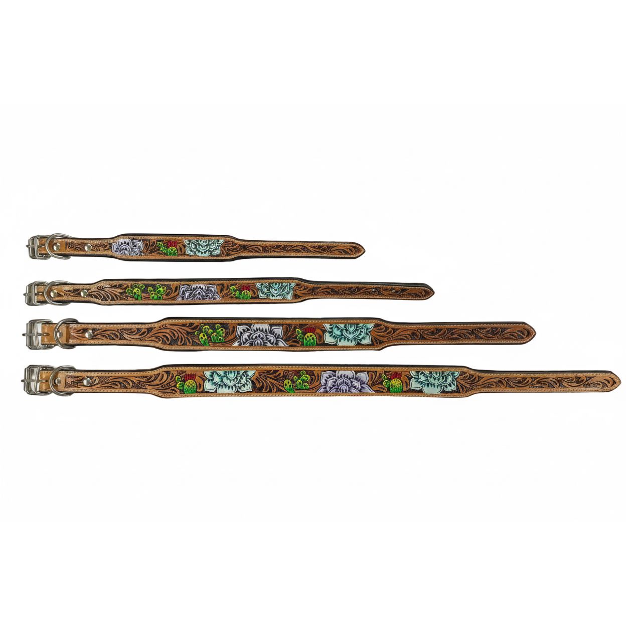 Western Genuine Leather dog collar tooled details aces cards sunflower feather rhinestone cactus floral by Double B Wild Rags