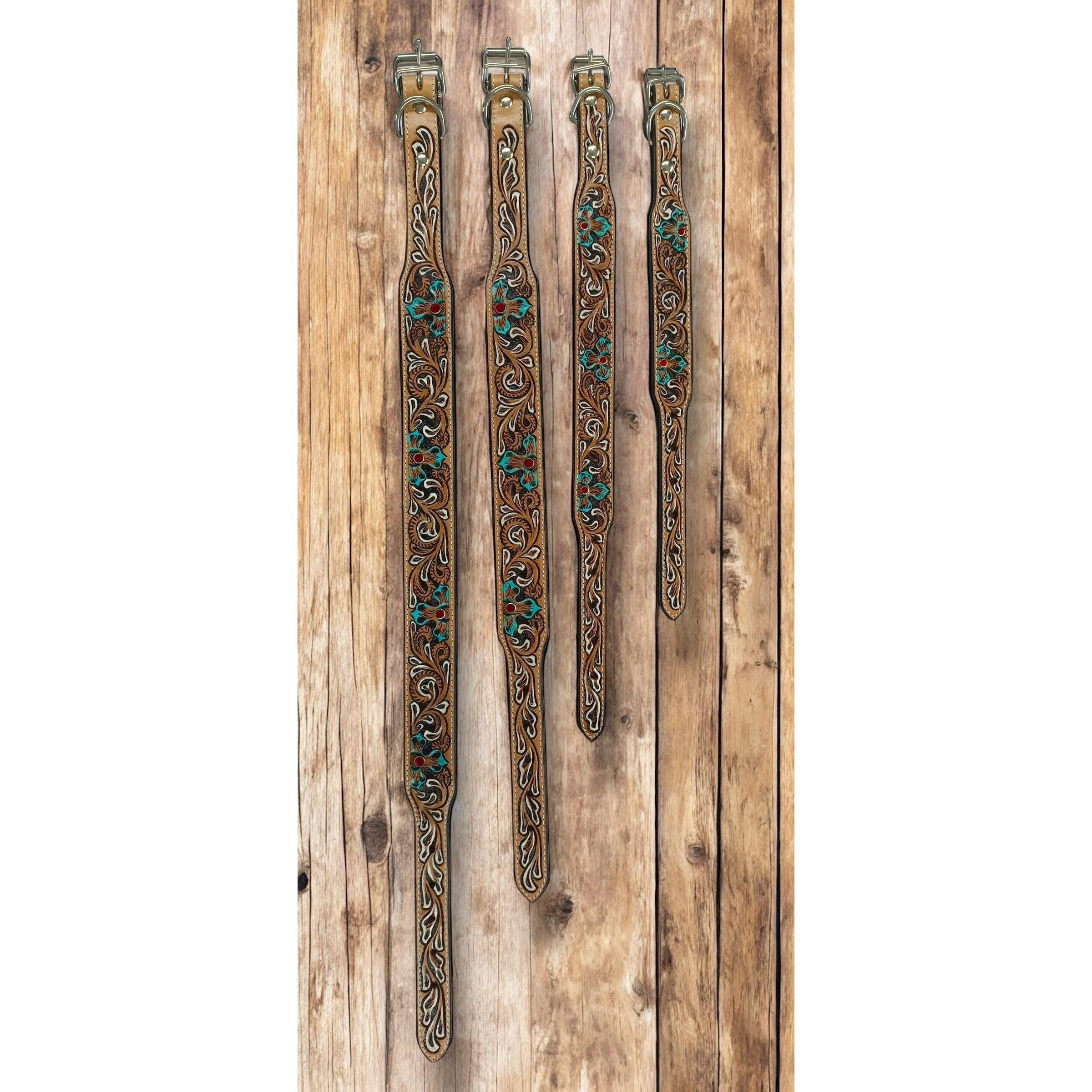 Western Genuine Leather dog collar tooled details aces cards sunflower feather rhinestone cactus floral by Double B Wild Rags