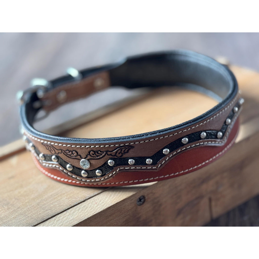 Western leather dog collar tooled or beaded details skull sunflower feather rhinestone by Double B Wild Rags