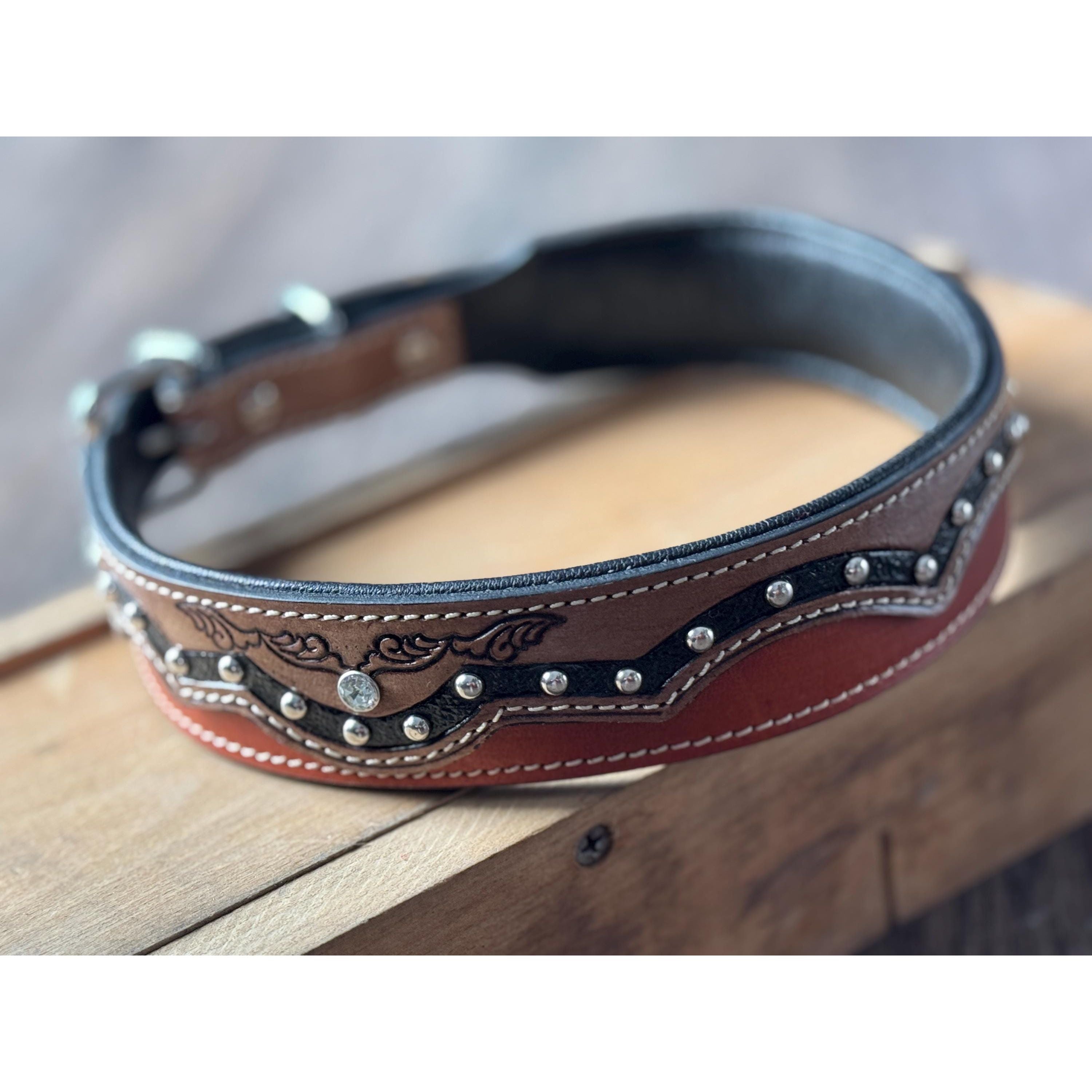 Western leather dog collar tooled or beaded details skull sunflower feather rhinestone by Double B Wild Rags