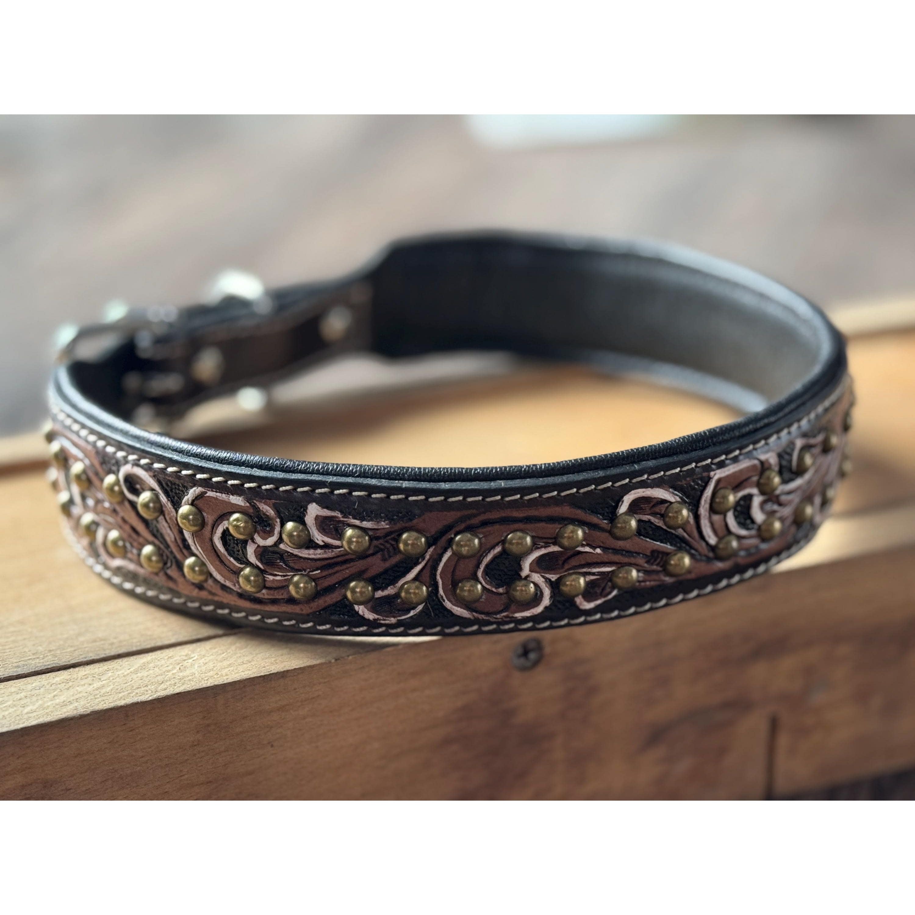 Western leather dog collar tooled or beaded details skull sunflower feather rhinestone by Double B Wild Rags