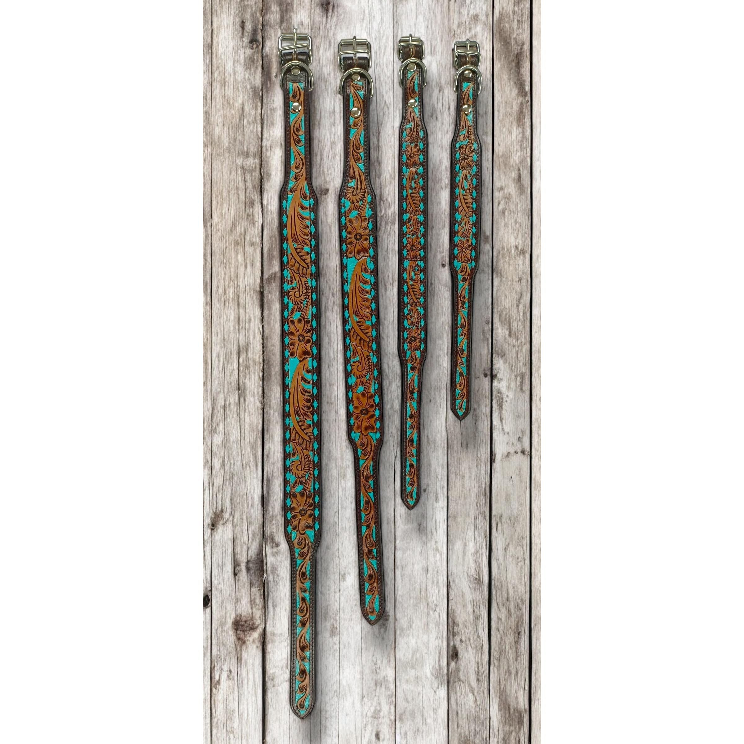 Western Genuine Leather dog collar tooled details aces cards sunflower feather rhinestone cactus floral by Double B Wild Rags