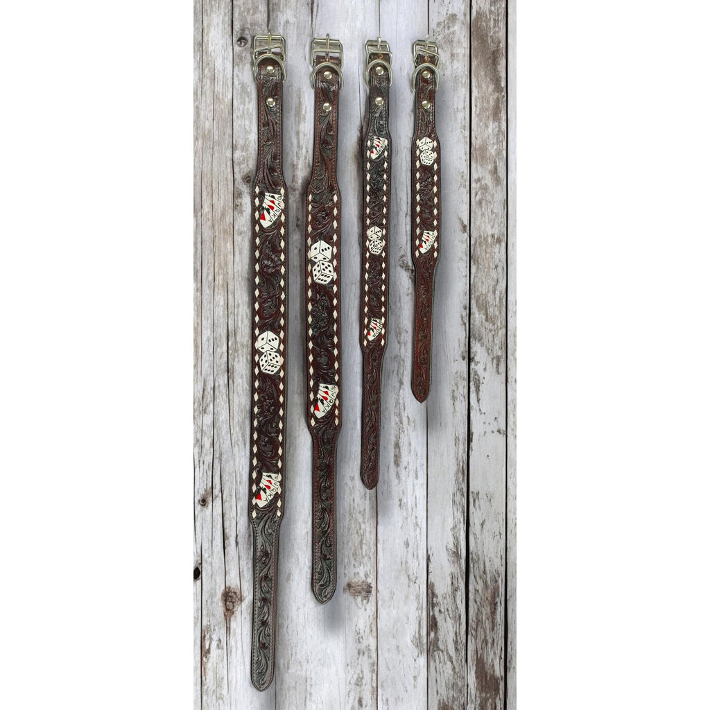Western Genuine Leather dog collar tooled details aces cards sunflower feather rhinestone cactus floral by Double B Wild Rags