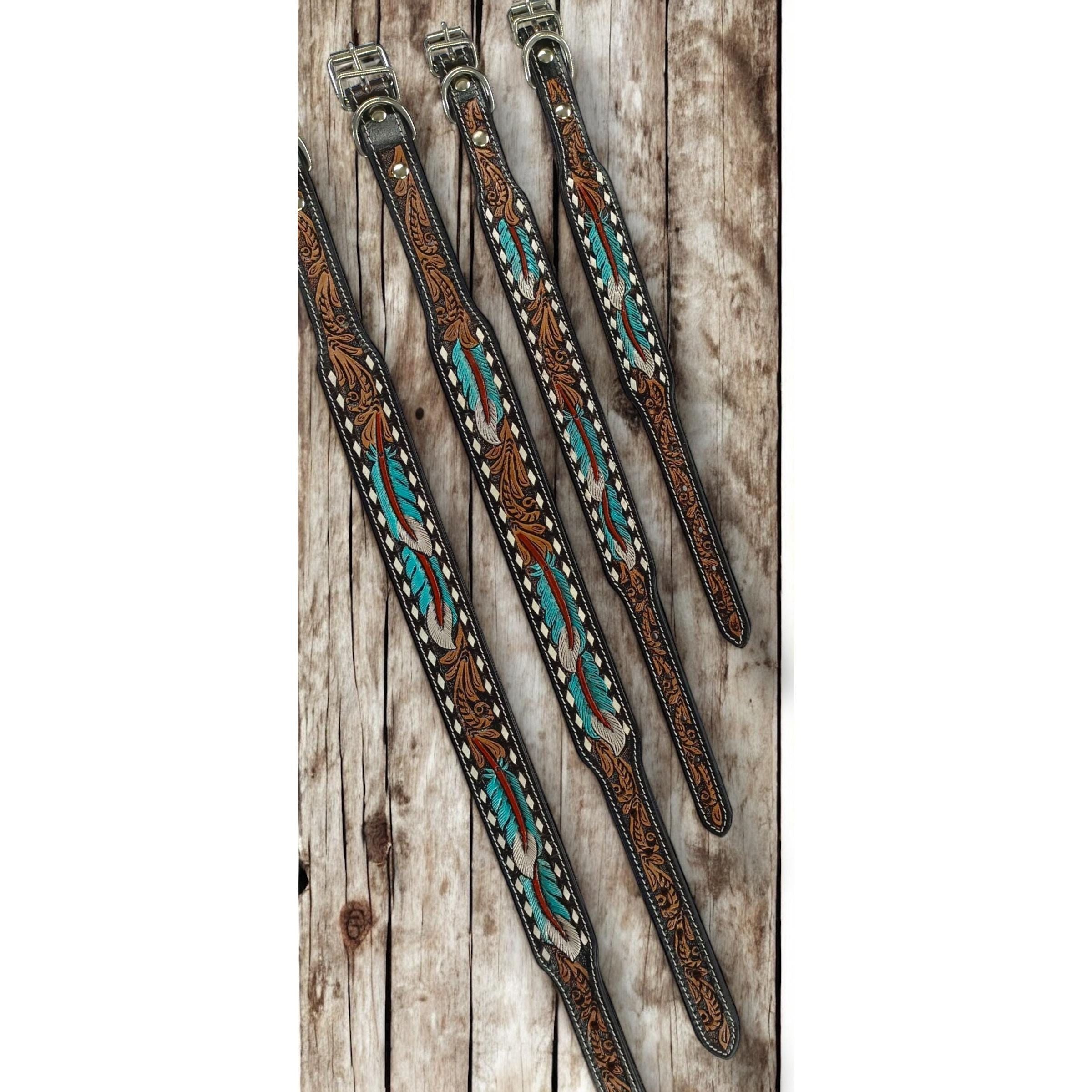 Western Genuine Leather dog collar tooled details aces cards sunflower feather rhinestone cactus floral by Double B Wild Rags
