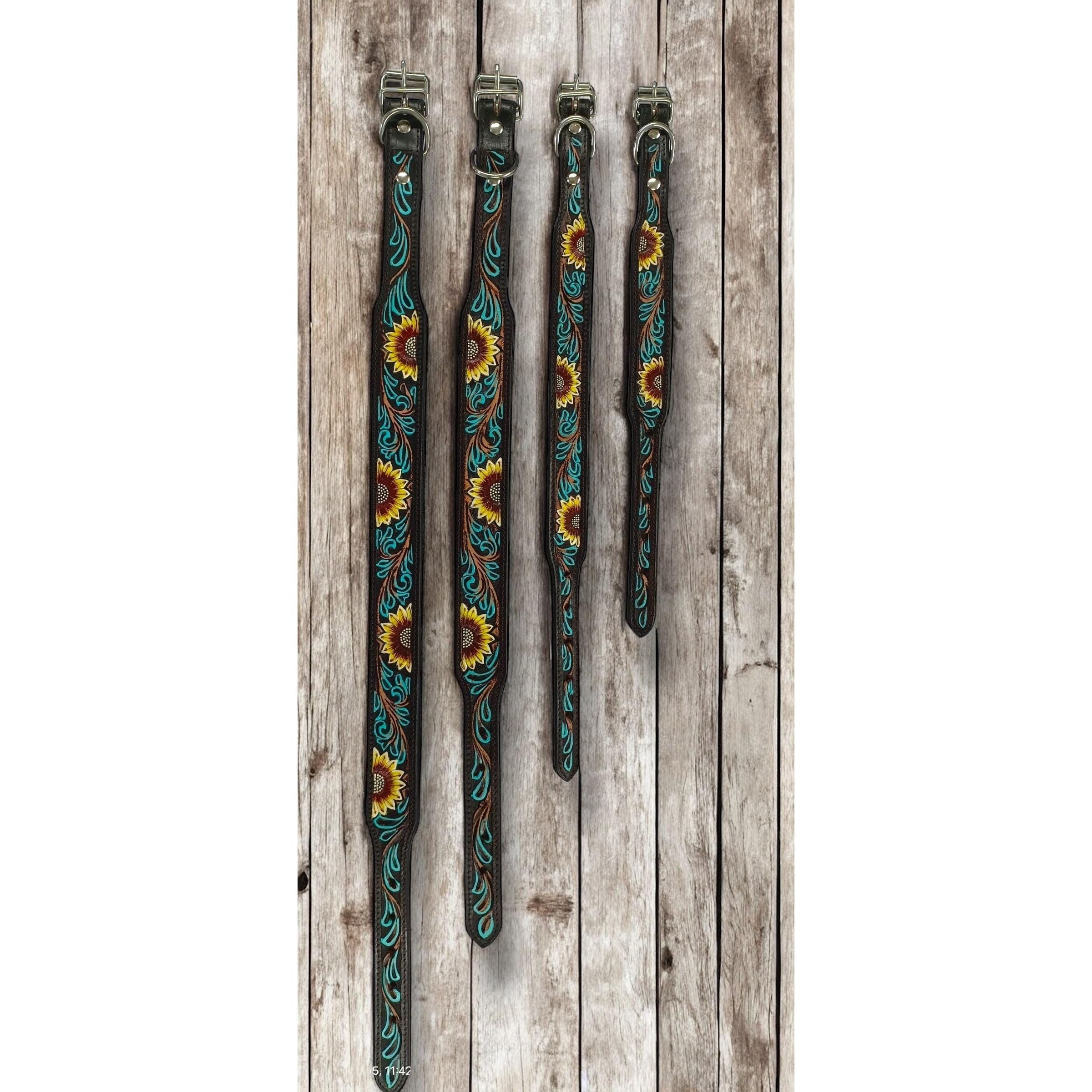 Western Genuine Leather dog collar tooled details aces cards sunflower feather rhinestone cactus floral by Double B Wild Rags