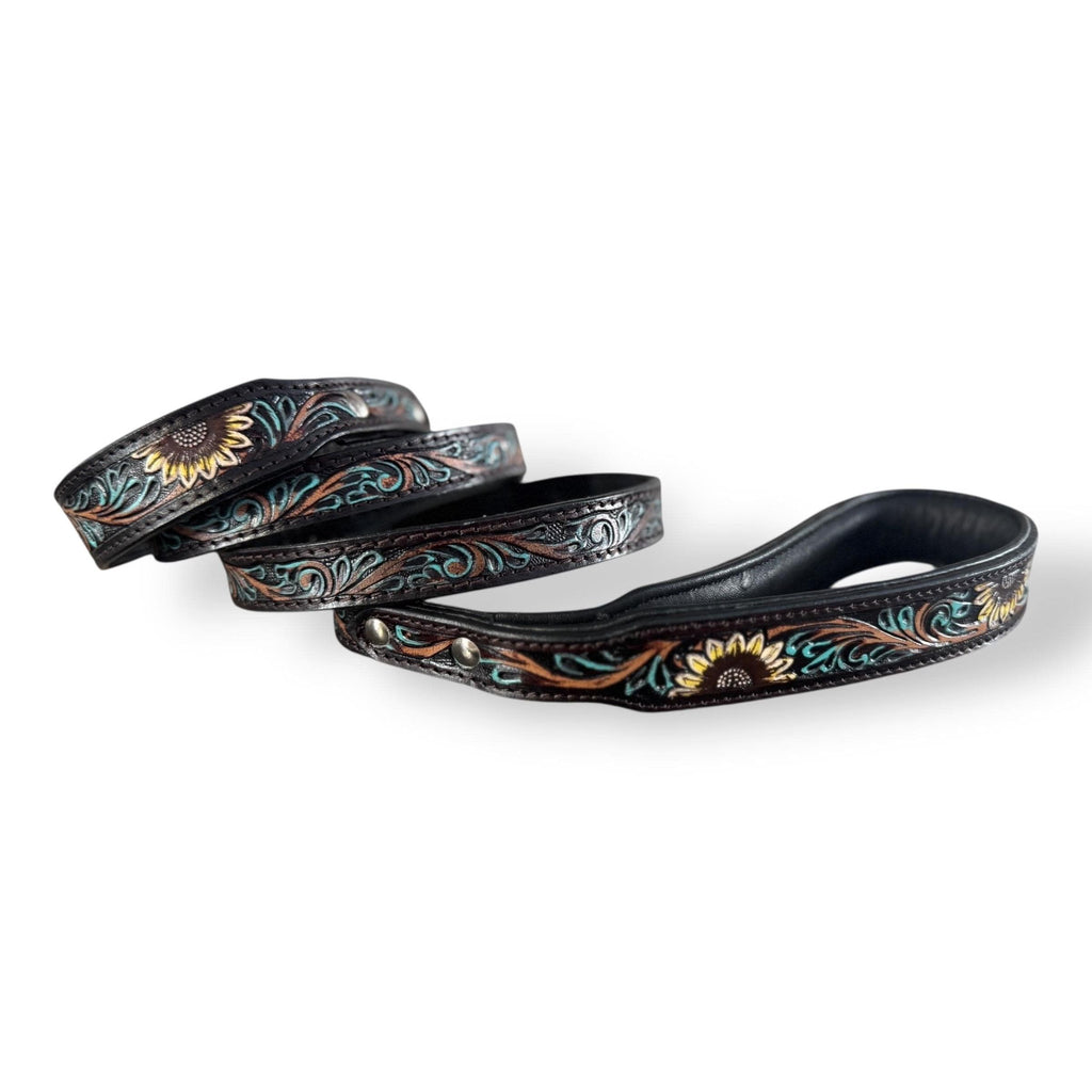 Western Genuine Leather dog collar tooled details aces cards sunflower feather rhinestone cactus floral by Double B Wild Rags