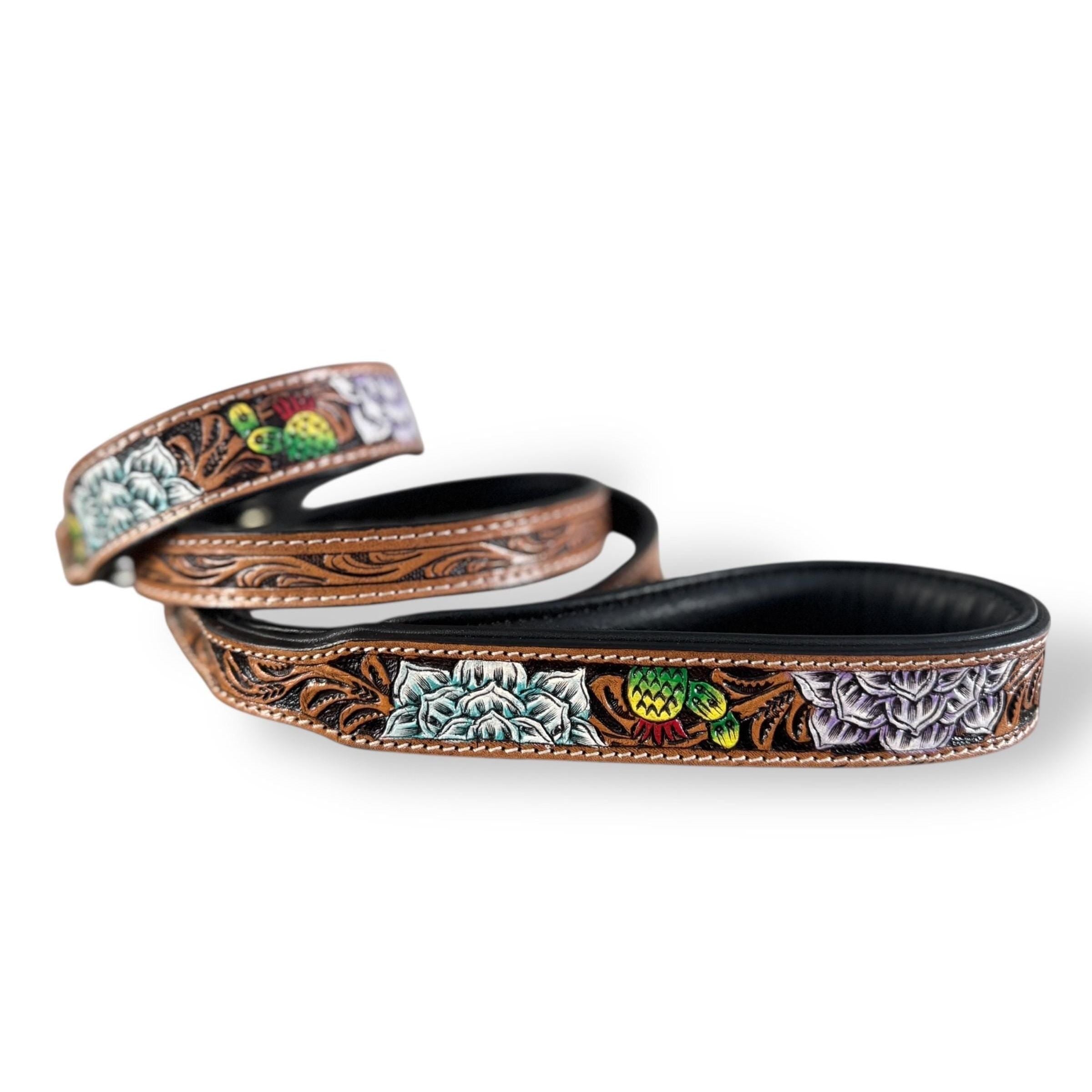 Western Genuine Leather dog collar tooled details aces cards sunflower feather rhinestone cactus floral by Double B Wild Rags