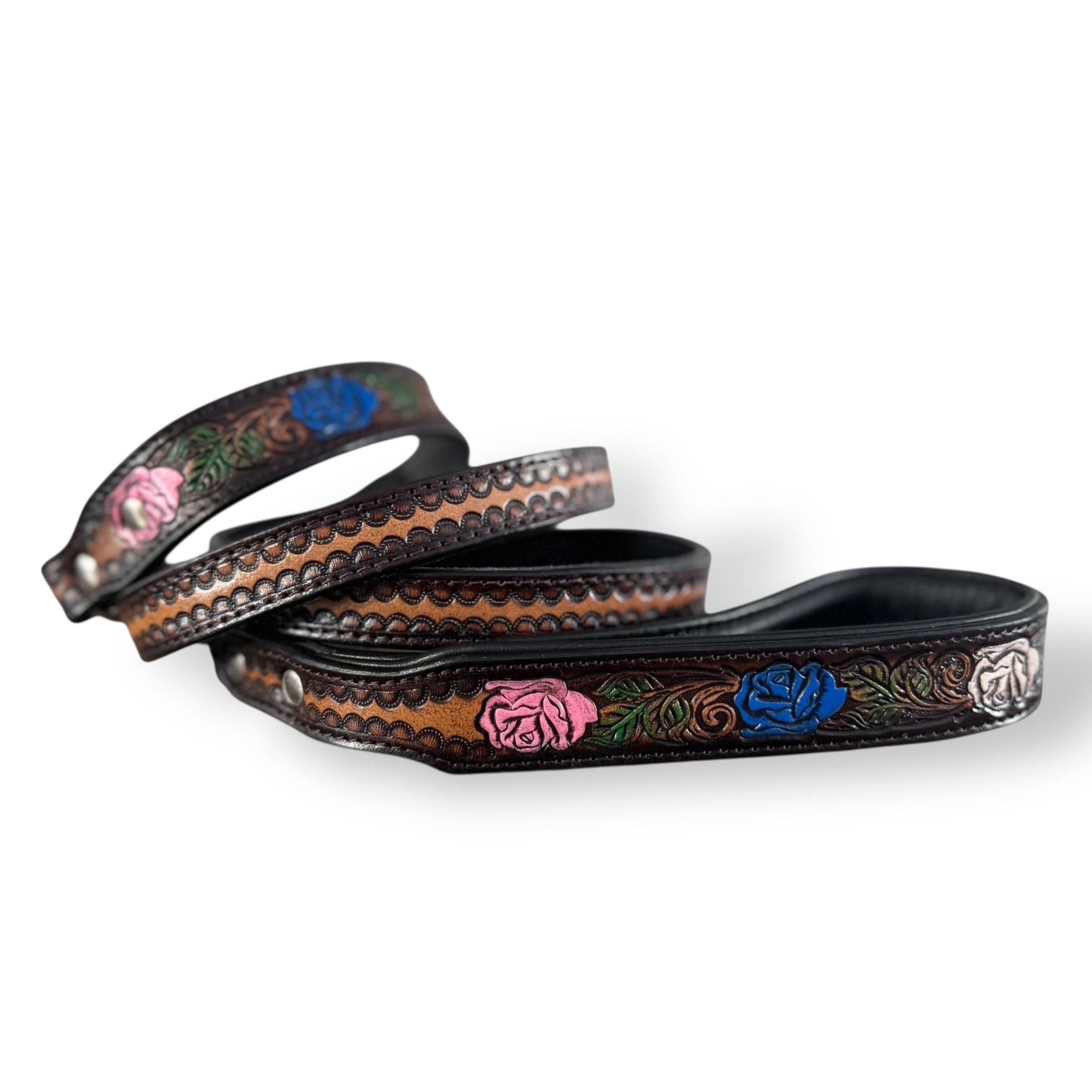 Western Genuine Leather dog collar tooled details aces cards sunflower feather rhinestone cactus floral by Double B Wild Rags