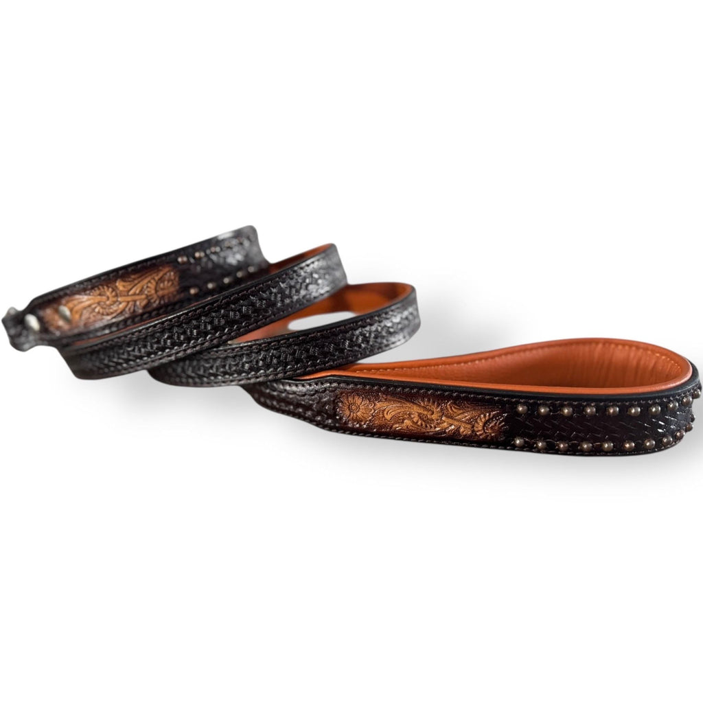 Western Genuine Leather dog collar tooled details aces cards sunflower feather rhinestone cactus floral by Double B Wild Rags