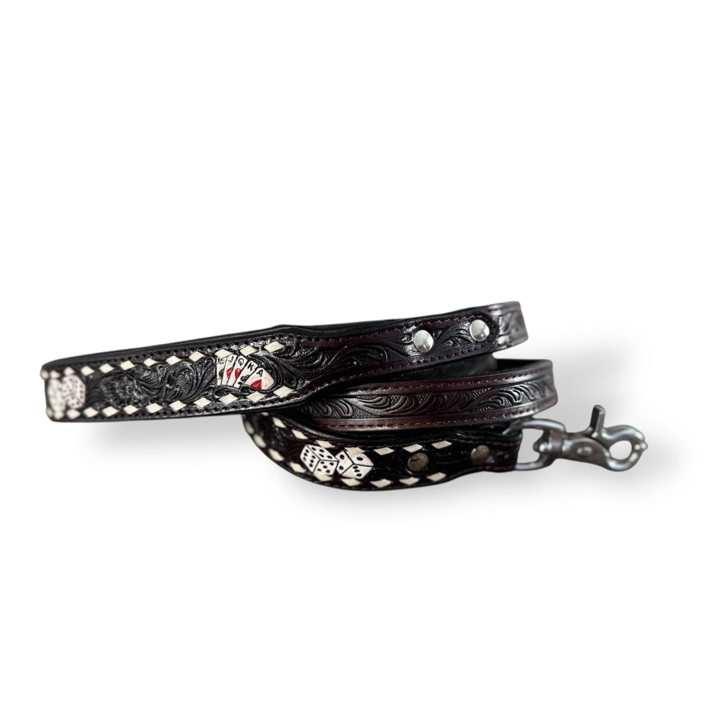 Western Genuine Leather dog collar tooled details aces cards sunflower feather rhinestone cactus floral by Double B Wild Rags
