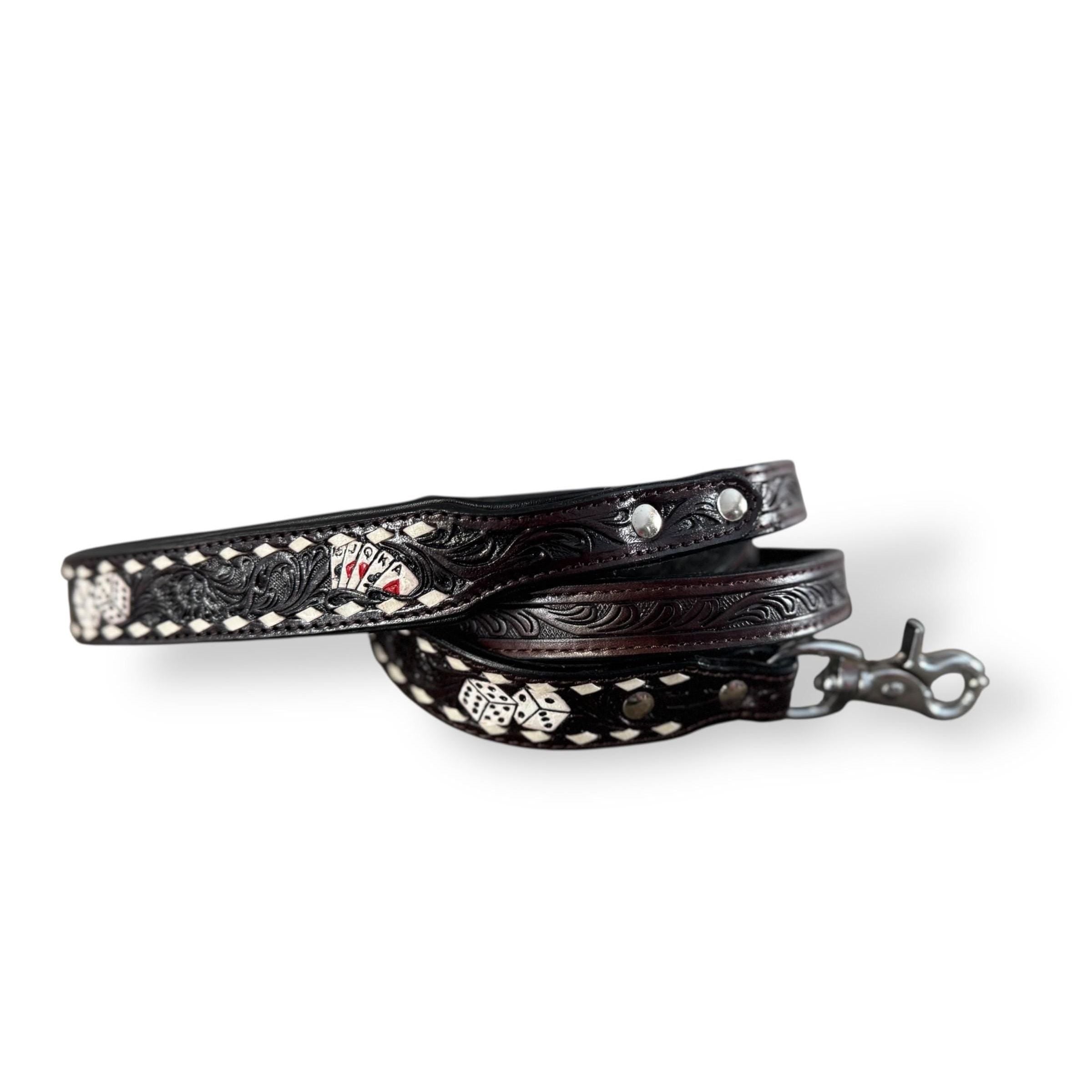 Western Genuine Leather dog collar tooled details aces cards sunflower feather rhinestone cactus floral by Double B Wild Rags