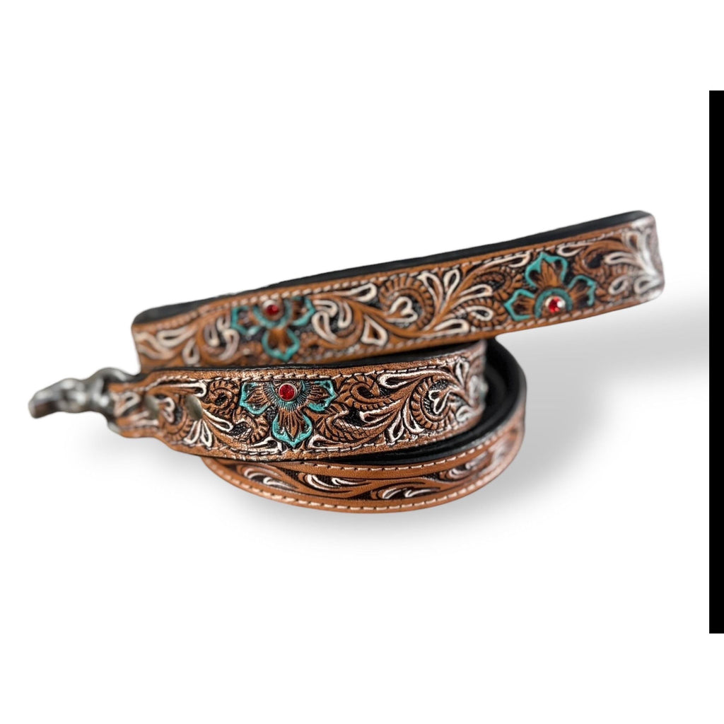 Western Genuine Leather dog collar tooled details aces cards sunflower feather rhinestone cactus floral by Double B Wild Rags
