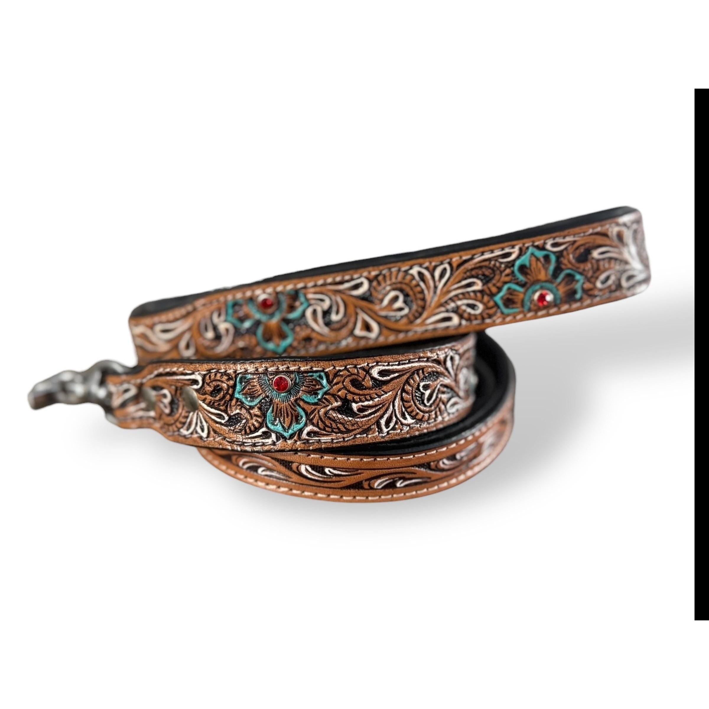 Western Genuine Leather dog collar tooled details aces cards sunflower feather rhinestone cactus floral by Double B Wild Rags