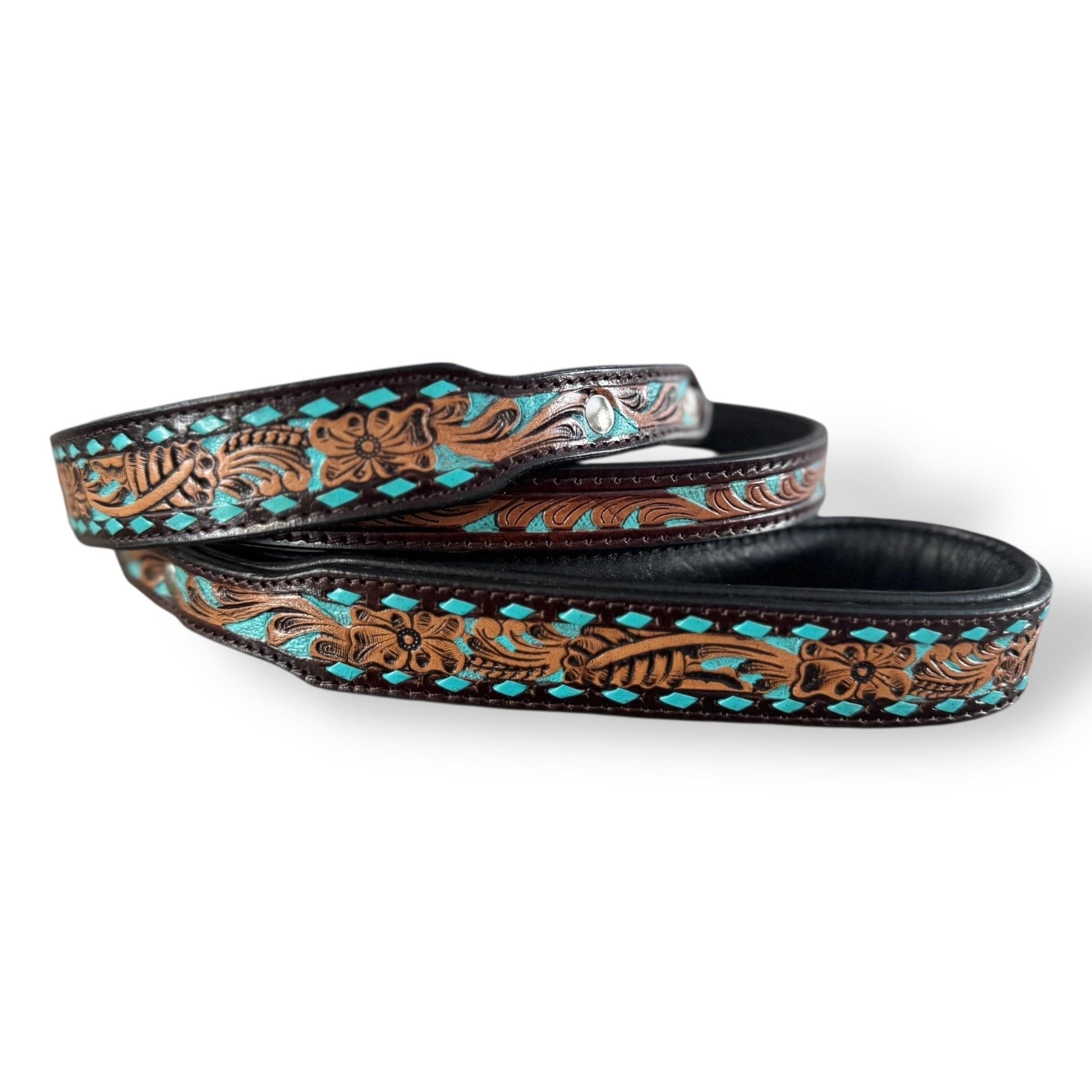 Western Genuine Leather dog collar tooled details aces cards sunflower feather rhinestone cactus floral by Double B Wild Rags