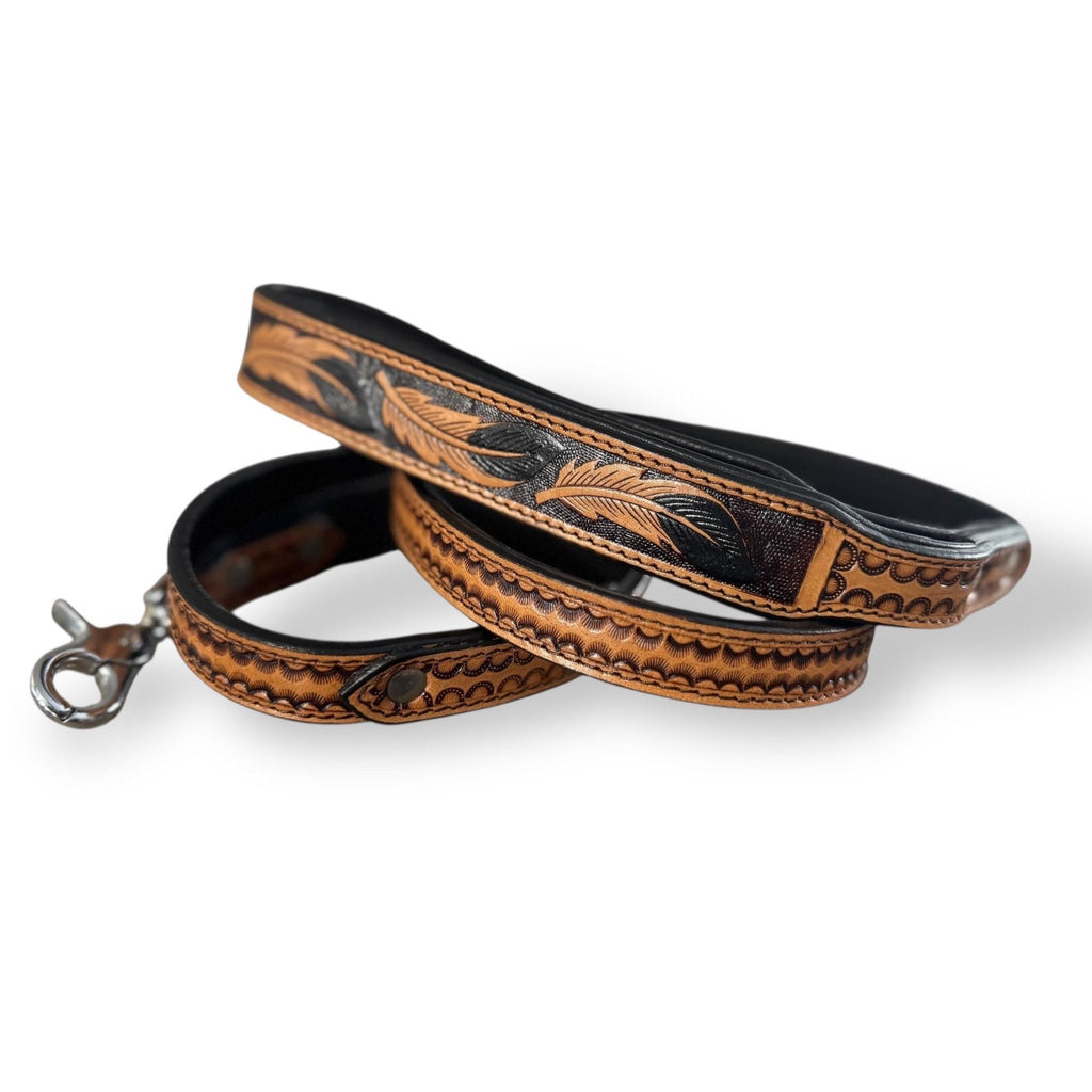 Western Genuine Leather dog collar tooled details aces cards sunflower feather rhinestone cactus floral by Double B Wild Rags