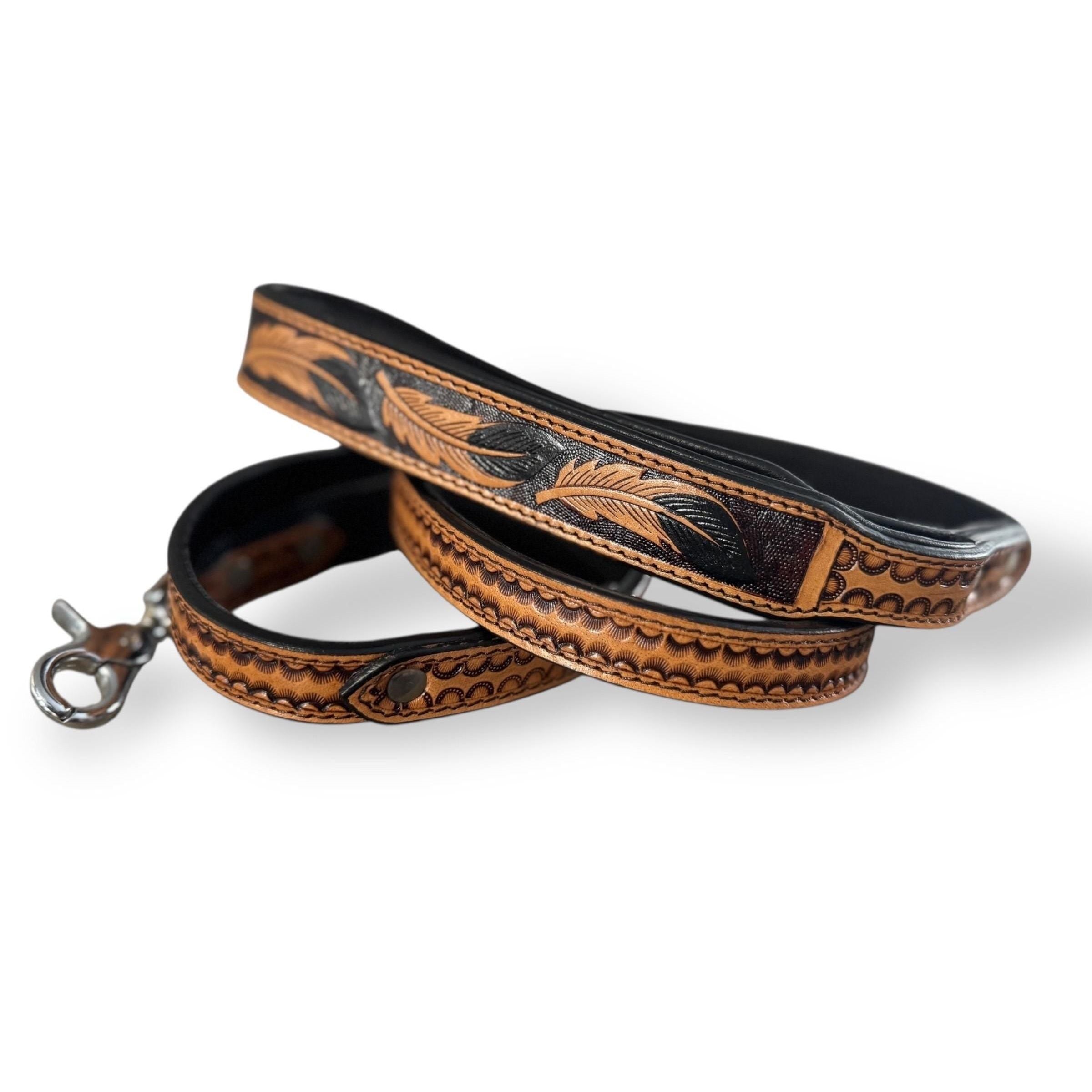 Western Genuine Leather dog collar tooled details aces cards sunflower feather rhinestone cactus floral by Double B Wild Rags