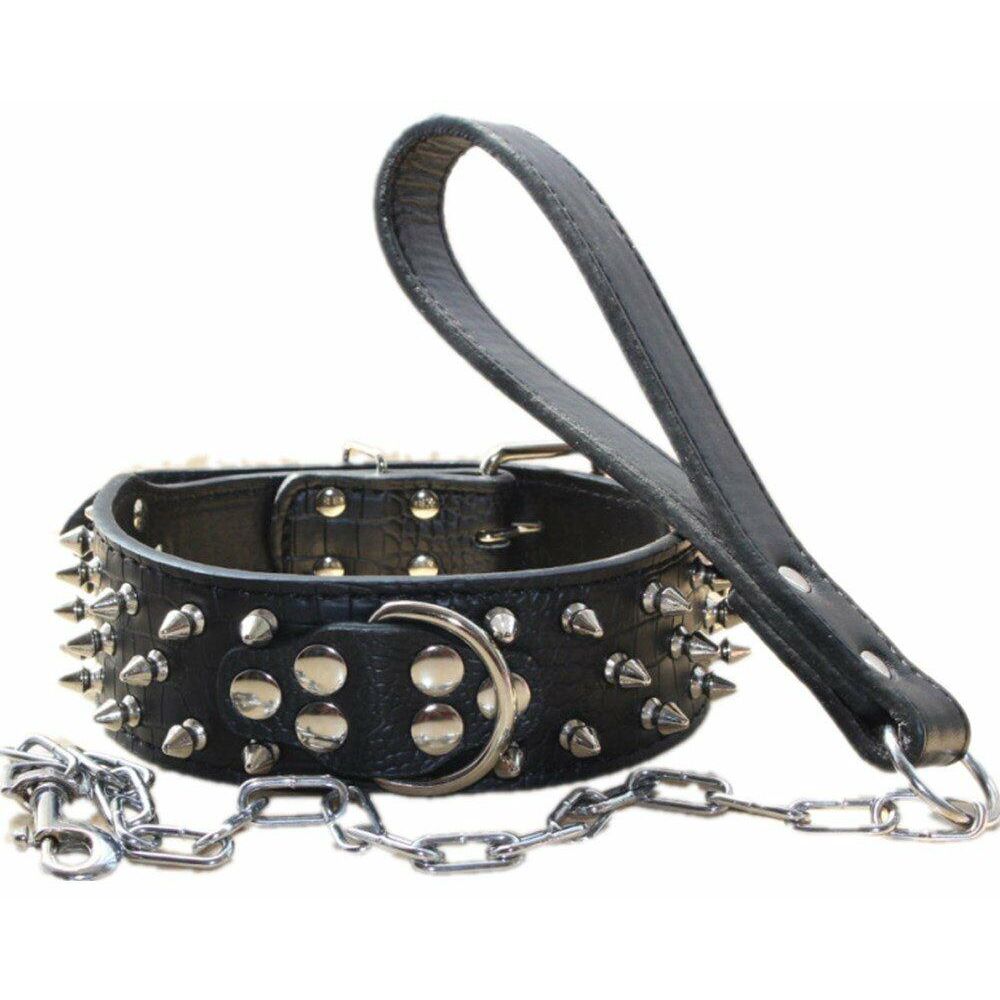 haoyueer Leather Spiked Studded Dog Collar & Chain Leash Set XL Black